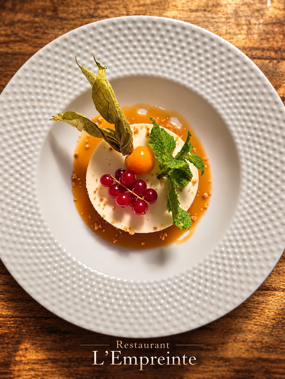 Dessert du chef dressé sur une assiette blanche, groseilles et physalis