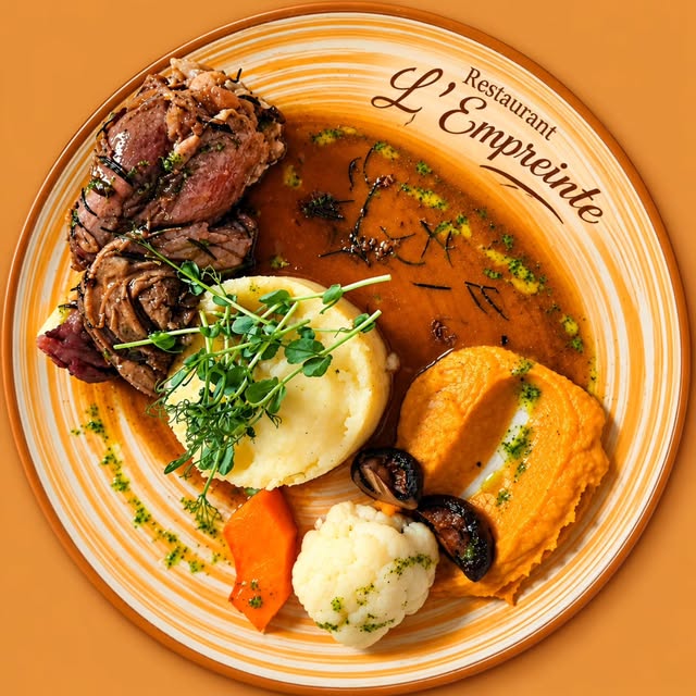 Paleron de bœuf braisé, écrasé de pommes de terre, purée de carottes et chou-fleur